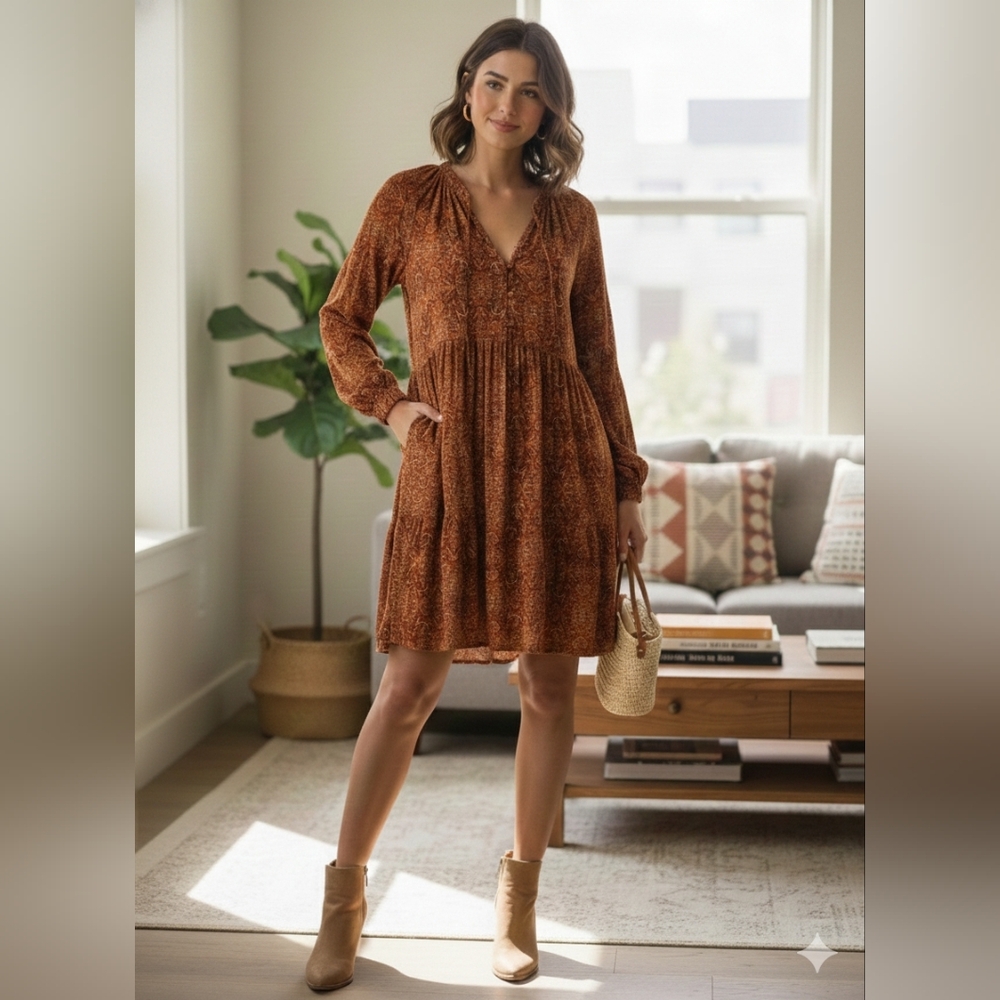 Elegant Brown Long-Sleeve Dress